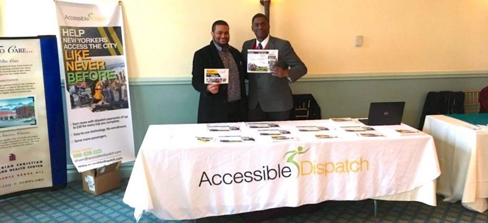 Ken Deveaux and Steven Williams, Community Outreach Reps for the Accessible Dispatch NYC Program, displaying flyers at Senior Health Expo