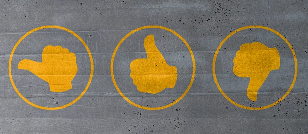 Image of sideways thumb, thumbs up, and thumbs down icons representing opportunities for providing program feedback.