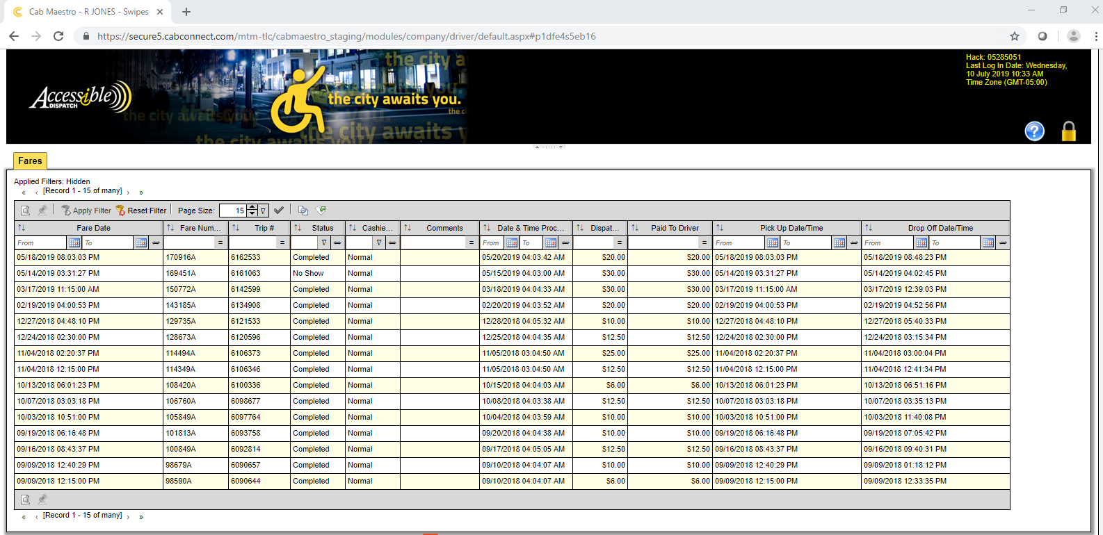 Screen shot of home page, which will show all trip related details on driver portal page. 